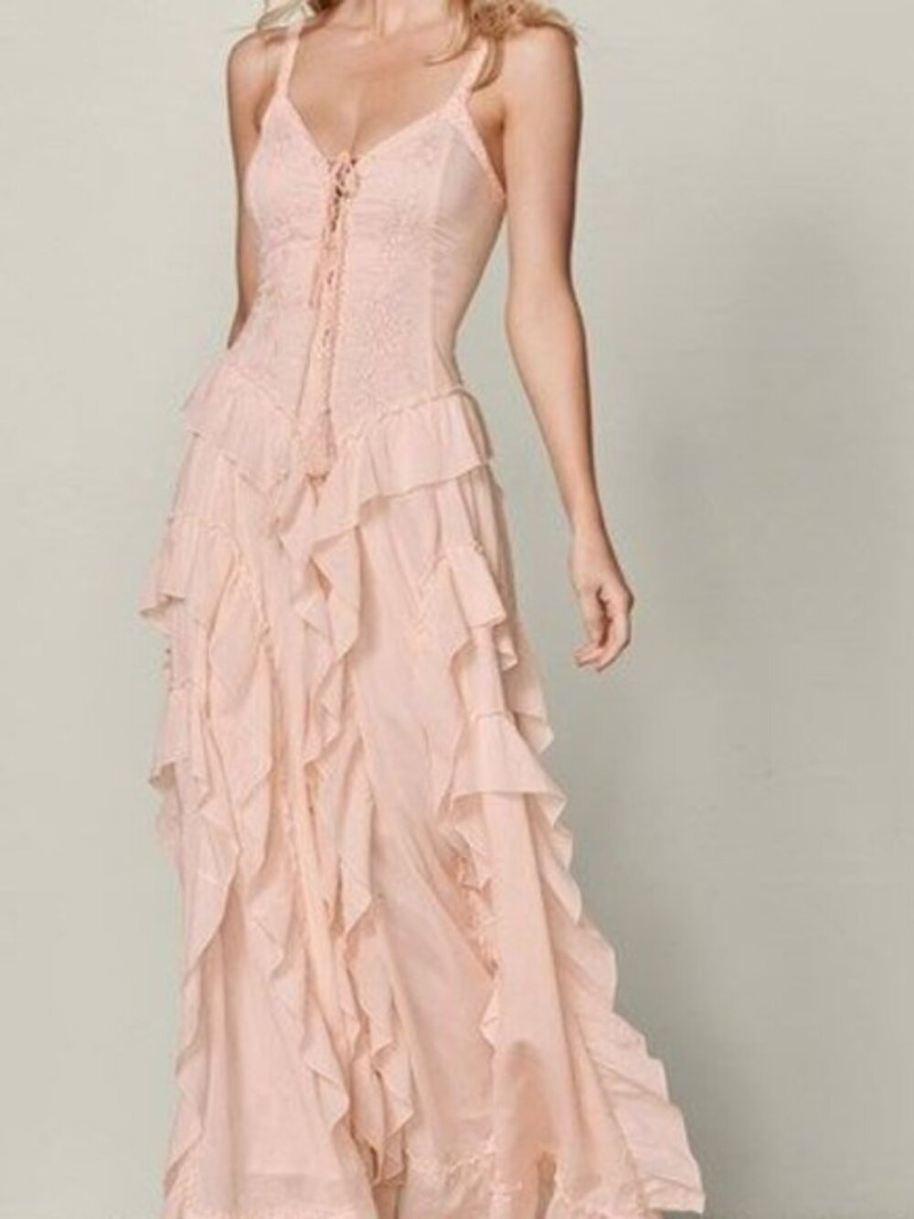 Venus Pink Ruffle Lace Up Maxi Dress, size Large